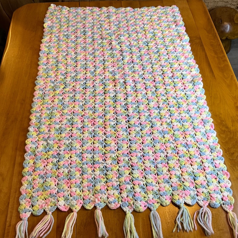 Hand Crocheted Baby Blanket Pastel Colors Tassels Crib Toddler Throw
